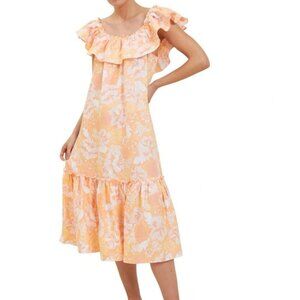 Seed Heritage Floral Frill Midi Dress Pure Linen Short Sleeve Ruffle New Size 8